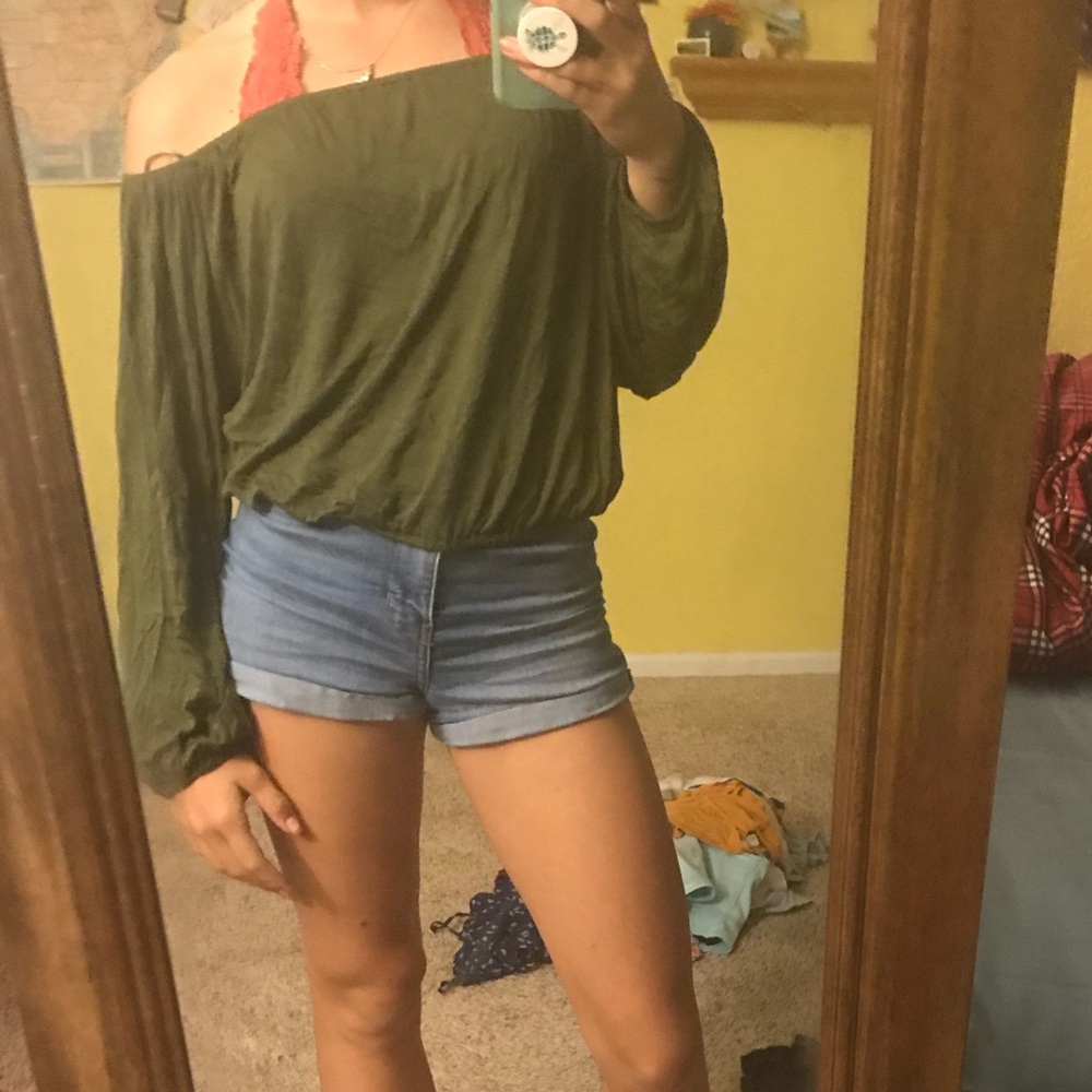 Green off the shoulder shirt